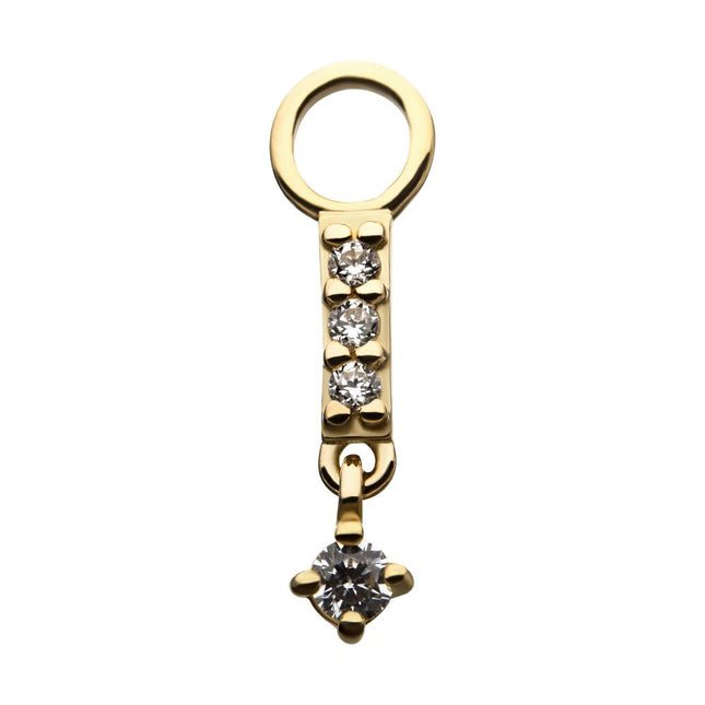 Invictus 14Kt Yellow Gold Clear CZ Bar with Dangle Prong Set Round Clear CZ Charm