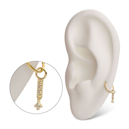 Invictus 14Kt Yellow Gold Clear CZ Bar with Dangle Prong Set Round Clear CZ Charm