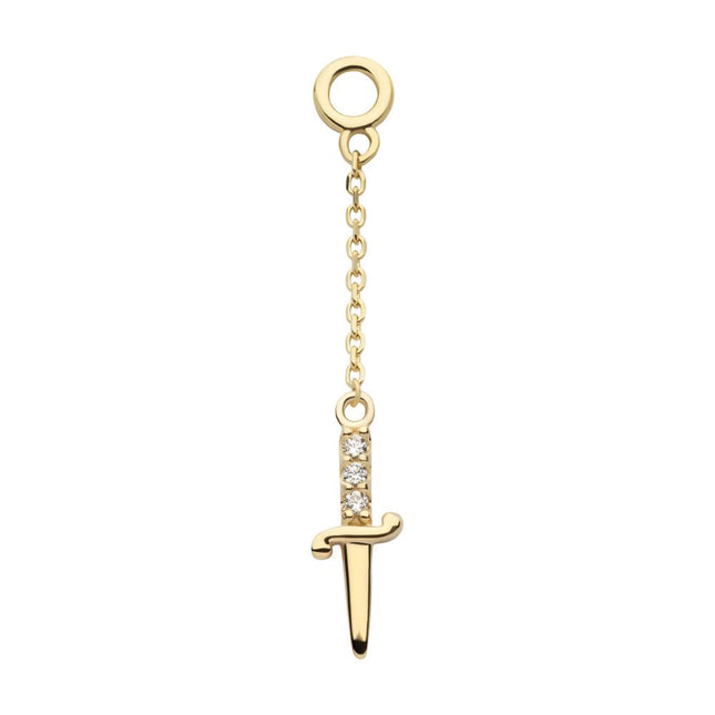 Invictus 14Kt Yellow Gold 3-Cluster Prong Set Round CZ Dagger Dangle Charm with 10mm Chain