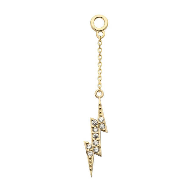 Invictus 14Kt Yellow Gold Pave Set Round CZ Lightning Bolt Dangle Charm with 10mm Chain