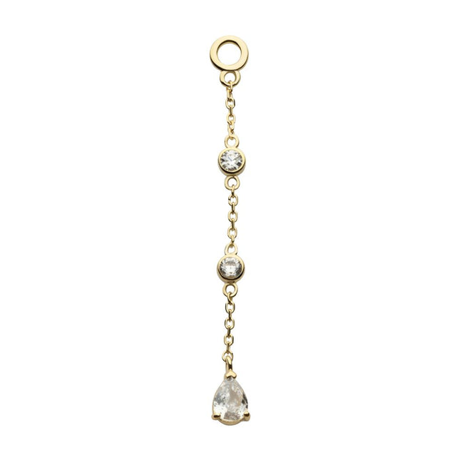 Invictus 14Kt Yellow Gold Round & Teardrop Shape CZ 3-Tier Dangle Charm with Chains