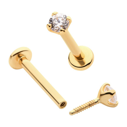 Invictus 14Kt Yellow Gold Internally Threaded with Clear CZ Top & 3mm Base Labret