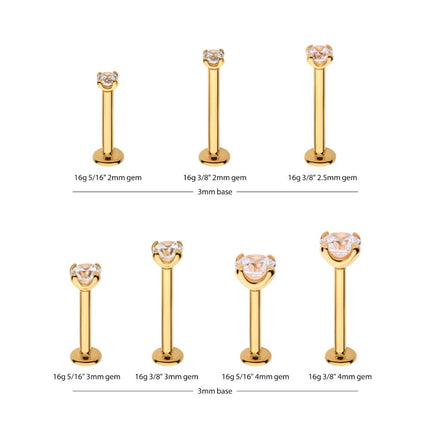 Invictus 14Kt Yellow Gold Internally Threaded with Clear CZ Top & 3mm Base Labret