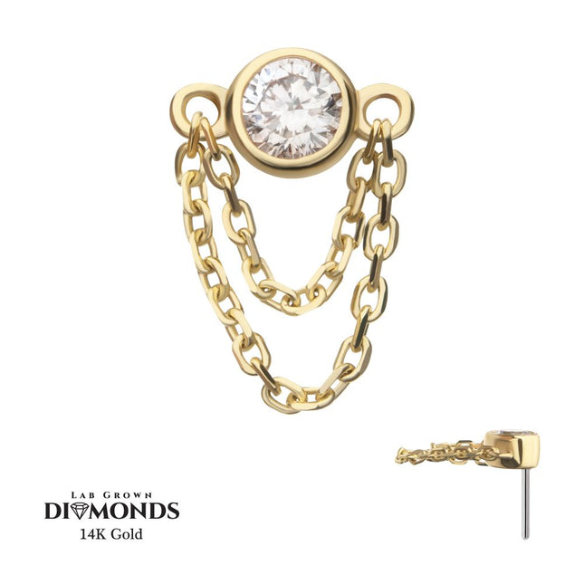 Invictus 14Kt Yellow Gold Threadless Bezel Set Lab-Grown Diamond Top with 2 Tiered Chain Dangle