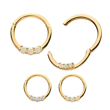 Invictus 14Kt Yellow Gold with Prong Set Clear CZ/White Synthetic Opal 3-Cluster Front Facing Hinged Segment Clicker