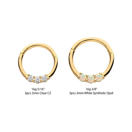 Invictus 14Kt Yellow Gold with Prong Set Clear CZ/White Synthetic Opal 3-Cluster Front Facing Hinged Segment Clicker