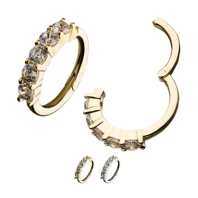 Invictus 14Kt Gold Prong Set 5-Clear CZ Gem on Top Hinged Segment Clicker