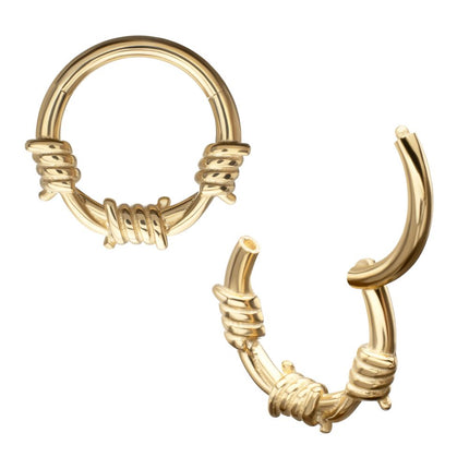 Invictus 14Kt Yellow Gold Single Sculpted Barbed Wire Wrap Front Facing Hinged Segment Clicker