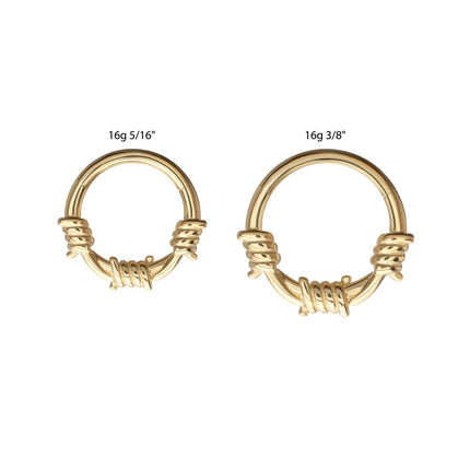 Invictus 14Kt Yellow Gold Single Sculpted Barbed Wire Wrap Front Facing Hinged Segment Clicker