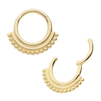 Invictus 14Kt Yellow Gold 15 Bead Cluster Double Hoop Front Facing Hinged Segment Clicker
