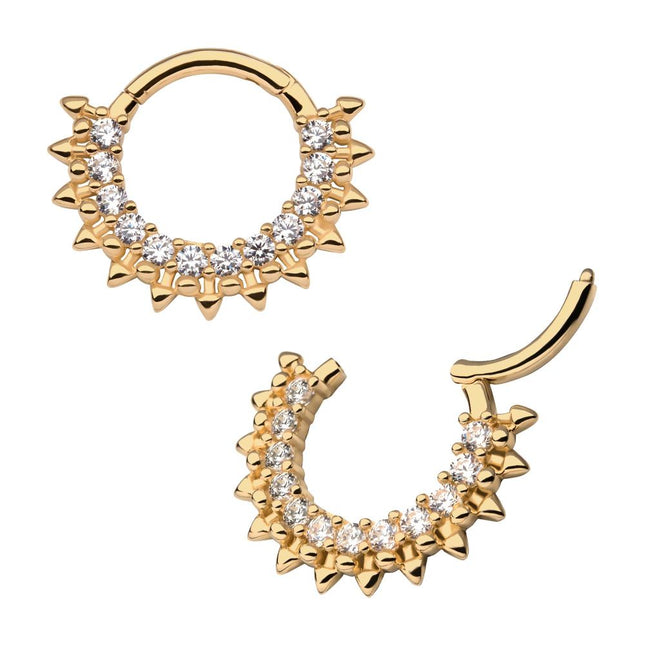Invictus 14Kt Yellow Gold with 12-Cluster Prong Set Clear CZ Spiked Edge Front Facing Hinged Segment Clicker