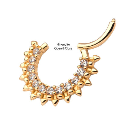 Invictus 14Kt Yellow Gold with 12-Cluster Prong Set Clear CZ Spiked Edge Front Facing Hinged Segment Clicker