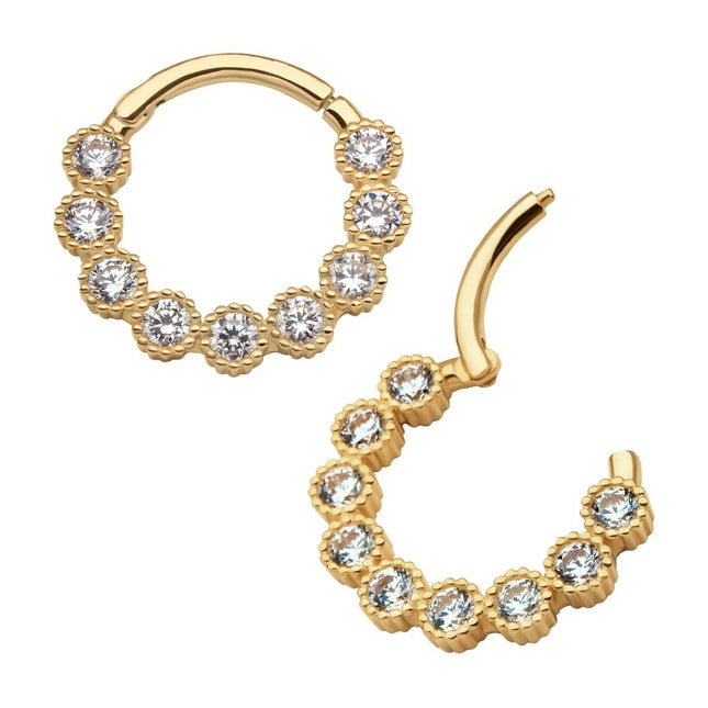 Invictus 14Kt Yellow Gold with 9-Cluster Bezel Set Clear CZ Beaded Edge Front Facing Hinged Segment Clicker