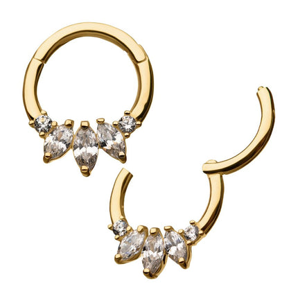 Invictus 14Kt Yellow Gold with 5-Cluster Prong Set Marquise & Round Clear CZ Front Facing Hinged Segment Clicker
