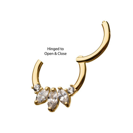 Invictus 14Kt Yellow Gold with 5-Cluster Prong Set Marquise & Round Clear CZ Front Facing Hinged Segment Clicker