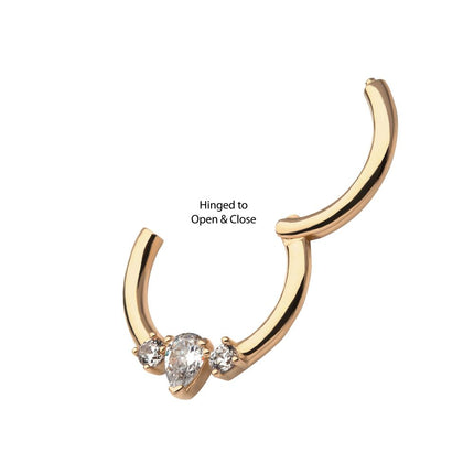 Invictus 14Kt Yellow Gold with 3-Cluster Prong Set Marquise & Round Clear CZ Front Facing Hinged Segment Clicker