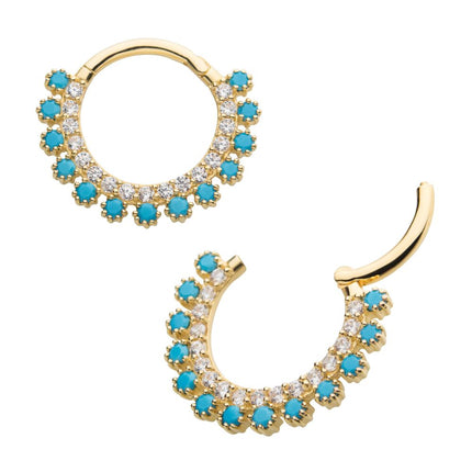 Invictus 14Kt Yellow Gold with Double Row Prong Set Clear CZ & Synthetic Turquoise Front Facing Hinged Segment Clicker