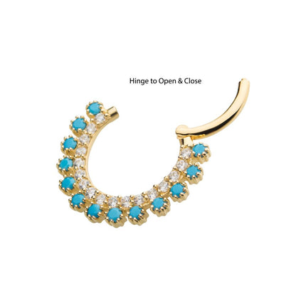 Invictus 14Kt Yellow Gold with Double Row Prong Set Clear CZ & Synthetic Turquoise Front Facing Hinged Segment Clicker