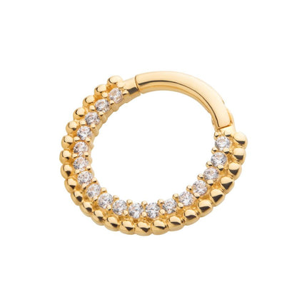 Invictus 14Kt Yellow Gold with Prong Set Clear CZ Beaded Edge Front Facing Hinged Segment Clicker