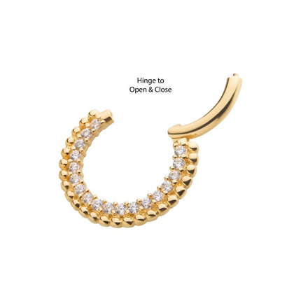 Invictus 14Kt Yellow Gold with Prong Set Clear CZ Beaded Edge Front Facing Hinged Segment Clicker