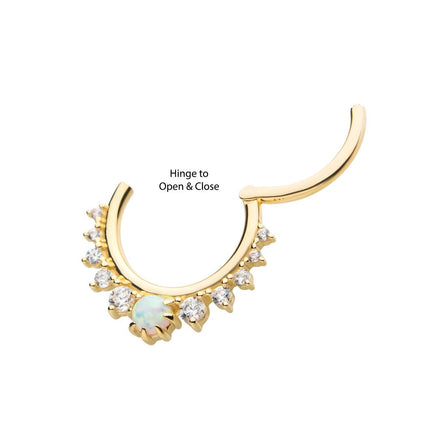Invictus 14Kt Gold Prong Set Gem Cluster with 3mm White Opal Front Facing Hinged Segment Clicker