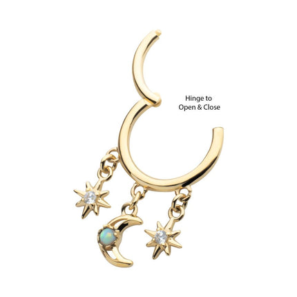 Invictus 14Kt Yellow Gold Triple Dangle Charm Clear CZ Stars & Opal Crescent Moon Hinged Segment Clicker