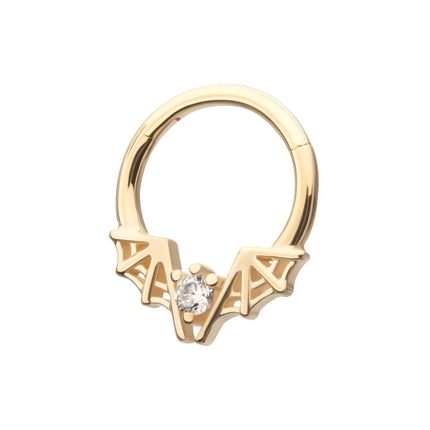 Invictus 14Kt Yellow Gold Angled Bat Wings Frame a Prong Set Gem Front Facing Hinged Segment Clicker