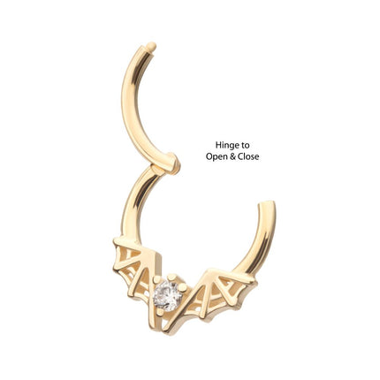 Invictus 14Kt Yellow Gold Angled Bat Wings Frame a Prong Set Gem Front Facing Hinged Segment Clicker