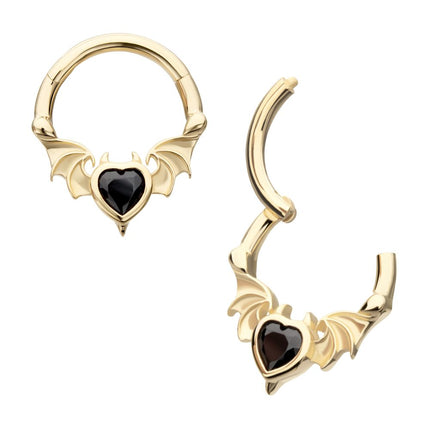 Invictus 14Kt Yellow Gold Carved Bat Wings with Devil Heart Bezel Gem Front Facing Hinged Segment Clicker