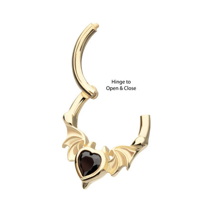 Invictus 14Kt Yellow Gold Carved Bat Wings with Devil Heart Bezel Gem Front Facing Hinged Segment Clicker