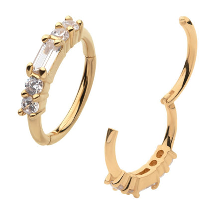 Invictus 14Kt Yellow Gold with 5-Cluster Prong Set Baguette & Round Clear CZ Side Facing Hinged Segment Clicker