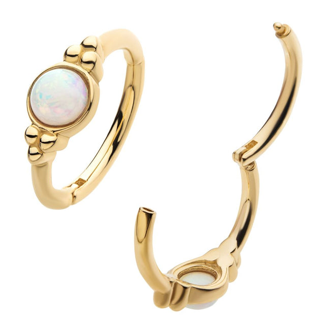 Invictus 14Kt Gold Beads & Centerpiece Bezel Set White Opal Side Facing Hinged Segment Clicker
