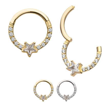 Invictus 14Kt Gold 1mm CNC Set Gem Cluster with 3mm Star Gem Front Facing Hinged Segment Clicker