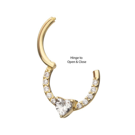 Invictus 14Kt Gold 3mm Prong Set Heart with 1mm CNC Set Round Gem Front Facing Hinged Segment Clicker