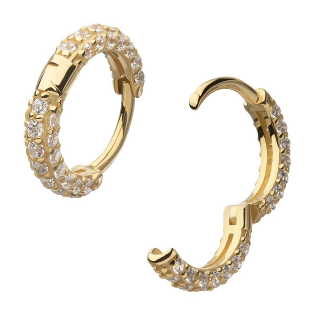 Invictus 14Kt Yellow Gold 3 Row Pave Set Gem Hinged Hoop Huggie Earrings
