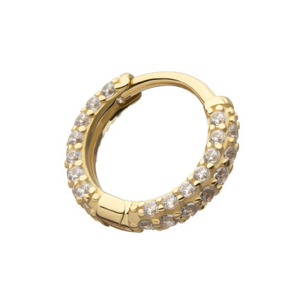 Invictus 14Kt Yellow Gold 3 Row Pave Set Gem Hinged Hoop Huggie Earrings