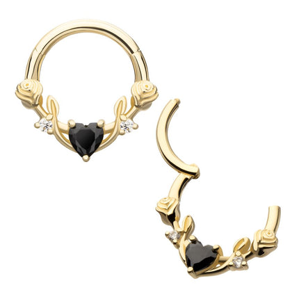 Invictus 14Kt Yellow Gold Prong Set Black Heart with Rose Vine Design Front Facing Hinged Segment Clicker