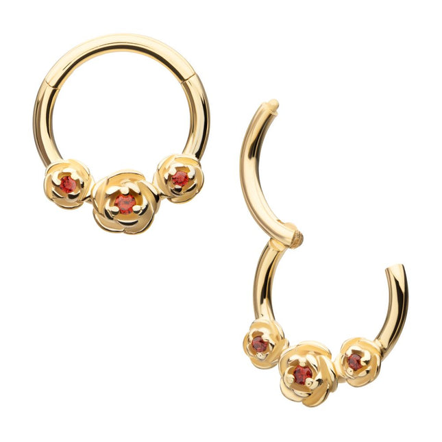 Invictus 14kt Yellow Gold Prong Set Triple Rose with Prong Set Round Garnet Gem Front Facing Hinged Segment Clicker