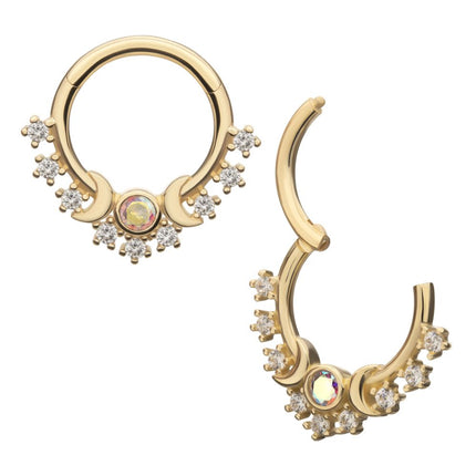 Invictus 14Kt Yellow Gold Prong Set Round Gem Cluster & Triple Moon Phase Front Facing Hinged Segment Clicker