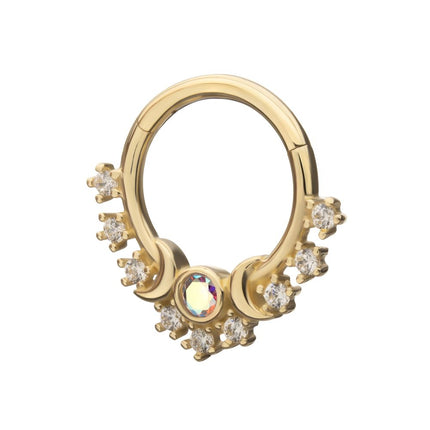 Invictus 14Kt Yellow Gold Prong Set Round Gem Cluster & Triple Moon Phase Front Facing Hinged Segment Clicker