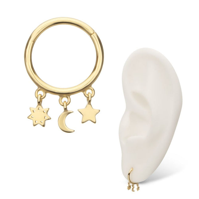 Invictus 14Kt Yellow Gold Stars & Moon Dangle Charm Hinged Segment Clicker