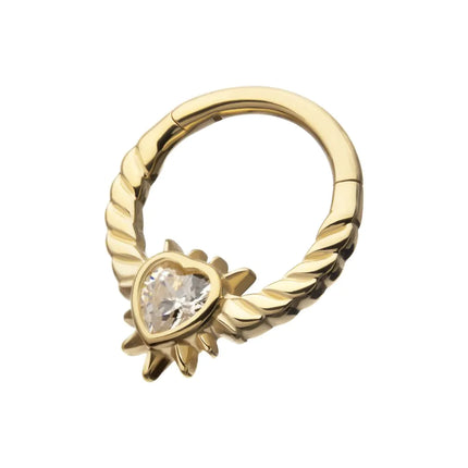 Invictus 14kt Yellow Gold Spike Edge Bezel Heart Gem Wired Hoop Front Facing Hinged Segment Clicker