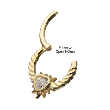 Invictus 14kt Yellow Gold Spike Edge Bezel Heart Gem Wired Hoop Front Facing Hinged Segment Clicker