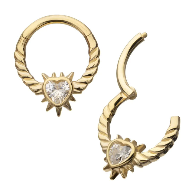 Invictus 14kt Yellow Gold Spike Edge Bezel Heart Gem Wired Hoop Front Facing Hinged Segment Clicker