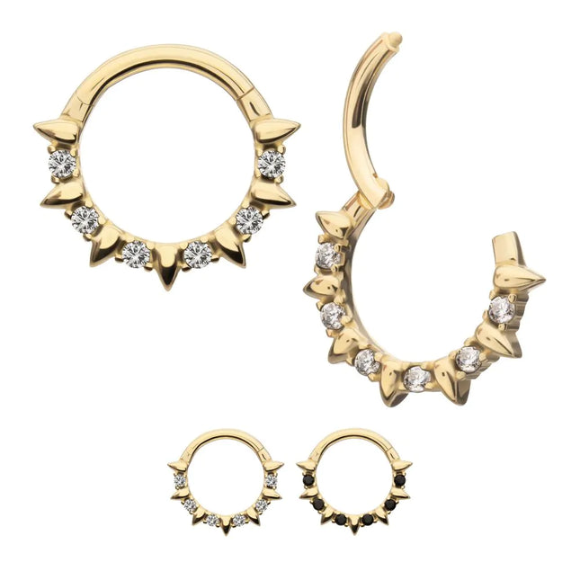 Invictus 14Kt Yellow Gold Alternating Spike & Prong Set Round Gem Front Facing Hinged Segment Clicker