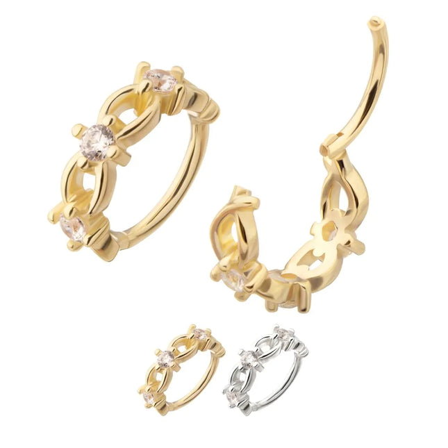 Invictus 14Kt Gold Braided Design Side Facing Hinged Segment Clicker with Prong Set Gem