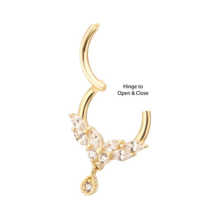 Invictus 14Kt Gold Marquise Cluster Butterfly with Gem Dangle Front Facing Hinged Segment Clicker