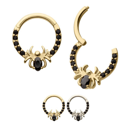 Invictus 14Kt Gold Gem Hoop with Prong Set Black Gem Spider Front Facing Hinged Segment Clicker