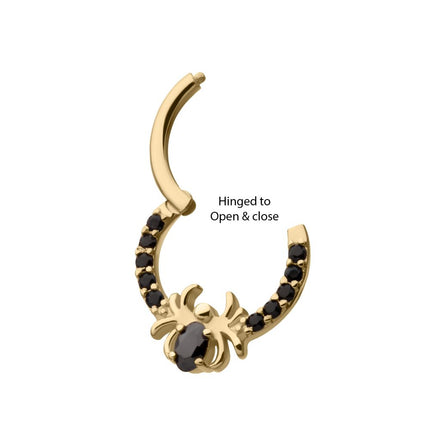 Invictus 14Kt Gold Gem Hoop with Prong Set Black Gem Spider Front Facing Hinged Segment Clicker