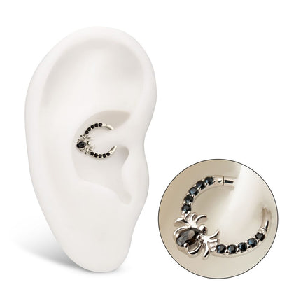 Invictus 14Kt Gold Gem Hoop with Prong Set Black Gem Spider Front Facing Hinged Segment Clicker